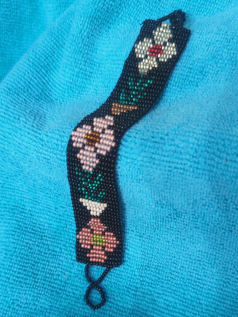 Handmade Seed Bead Floral Bracelet - Black Background with Pink & White Flowers
